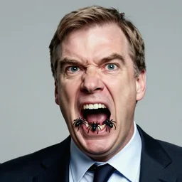 nigel farage with black eyes angry screaming with spiders crawling out of his mouth