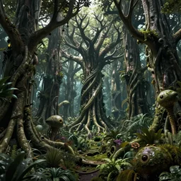 dense haunted forest on an exotic alien planet, jungle of antler trees, insectile plants, gnarled stumps and thorny weeds forming demonic animal skull images, by ian miller, rodney matthews and artstation, hyperdetailed, photorealistic render