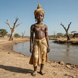 full shot of a crying ancient dried up Oshun, peaceful, facing the camera and standing in front of a dried up river in a desolate land, dead trees, blue sky, hot and sunny, highly-detailed, elegant, dramatic lighting, artstation, 4k, cinematic landscape, photograph by Elisabeth Gadd