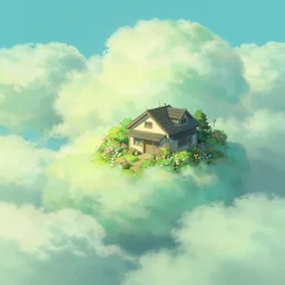 pale green clouds, a house with a garden full of flowers is above the clouds, light effect, by miyazaki hayao and makoto shinkai, trending on behance, 8 k, artstation