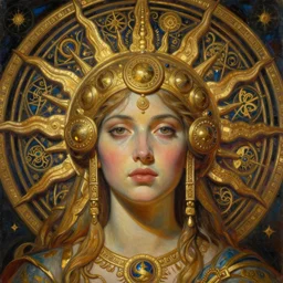 hyper realistic painting portrait of the sun queen, occult diagram, elaborate details, detailed face, intrincate ornaments, gold decoration, occult art, oil painting, art noveau, in the style of roberto ferri, gustav moreau, david kassan, bussiere, saturno butto, boris vallejo