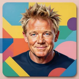 A portrait of Gordon Ramsay, geometric shapes, mural, rounded corners, candy colors, spray paint, bold graphics