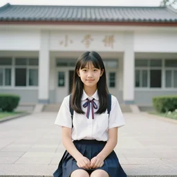 a potrait of young girl sitting down infront of her big school, photorealistic, kodak 4 0 0, award winning photography