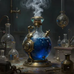 a steampunk painting of a mechanical dark blue steaming potion bottle in a dark dusty vintage science lab, by h. r. giger, hyperrealistic fantasy art, concept matte, ethereal, dreamy, digital art, trending on artstation, volumetric cinematic lighting