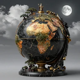 obsidian globe, africa, mage, peace, portrait, mountain, maritime pine, oaks, trees, architectural, temples, mage, wide angle, puffy clouds, skies behind, stars in sky, stars, moon, italian masterpiece, ashford black marble with golden veins, sculpture, baroque, draped drapes, ocher details, still life, obsidian, portrait, render, artstation, ultra detailed