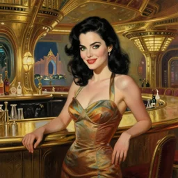beautiful woman with black hair and green eyes, smirking. she is wearing a cocktail dress. she is in the bar of the atlantis paradise, a retro futuristic spaceship made of brass, art deco influence, hotel style design. painting by artgerm and greg rutkowski.