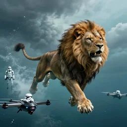 flying lion monster, underwater, stormtroopers, flying drones, 4 k, octane render, detailed, hyper - realistic, cinematic, photography by joel meyerowitz