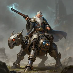 a dwarf artificer holding a musket and riding on a steampunk robot, fantasy art, chinese fantasy, dungeons and dragons, tabletop rpg, ghostblade, wlop.