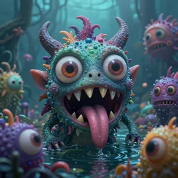 intricate colourful murky with strange cute friendly horror crazy monsters with huge beauty eyes long tongue triangle teeth and scary face appearing from the water, in the style of craola, shallow depth of field, highly detailed, digital painting, trending artstation, concept art, illustration, cinematic lighting, vibrant colors, photorealism, epic, octane render