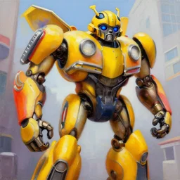 greg manchess portrait painting of bumblebee the transformer as overwatch character, medium shot, asymmetrical, profile picture, organic painting, sunny day, matte painting, bold shapes, hard edges, street art, trending on artstation, by huang guangjian, gil elvgren, ruan jia, greg rutkowski, gaston bussiere