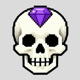 pixel art of a skull with a purple diamond