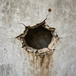 [ dirty broken wall ] with a [ deliberately punched hole ], 4 k photorealistic! photography, trending on [ unsplash ]!