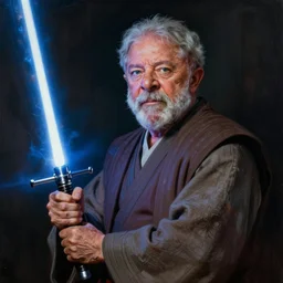 breathtaking detailed concept art painting of a jedi luis inacio lula da silva holding a lightsaber, exquisite detail, extremely moody lighting, 8 k
