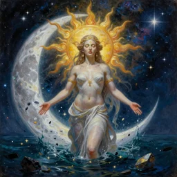 painting of goddess of sun and moon drowning in an ocean full of star fragments, cosmic awe