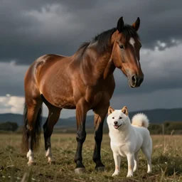 photo, horse and white shiba dog mix.