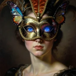 a baroque neoclassicist close - up portrait of a female alien being gazing intensely with big glowing eyes wearing an uv blacklight retrofuturistic venetian carnival mask with iridescent butterfly wings and reflective silk at a masquerade. head, face and shoulders, foggy background. renaissance portrait painting. highly detailed science fiction painting by norman rockwell, frank frazetta, and syd mead. rich colors, high contrast, gloomy atmosphere, dark background. trending on artstation.