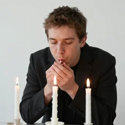 comme des garcons campaign featuring artist ben schumacher blowing out all the candles on the birthday cake, sparklers, realistic vfx simulation