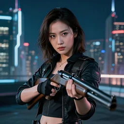 photographic portrait of a techwear woman holding a shotgun, closeup, on the rooftop of a futuristic city at night, sigma 85mm f/1.4, depth of field, high resolution, 4k, 8k, hd, full color, Die Hard, movies with guns, movie firearms