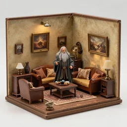 miniature diorama of gandalf's living room