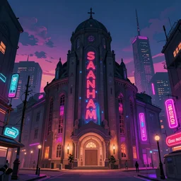 a beautiful hyperdetailed anime illustration of city sanatorium architecture by lee madgwick, at dusk otherworldly tron neon noir cosmic neon signs darkacademia thermal vision, archdaily, wallpaper, highly detailed, trending on artstation.