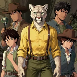 beautiful portrait commission of a male furry anthro!!! albino mountain lion wearing a yellow button-down shirt, olive green slacks, and suspenders. Atmospheric. Character design by charlie bowater, ross tran, artgerm, and makoto shinkai, detailed, inked, western comic book art