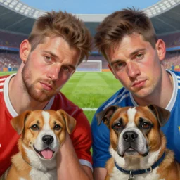 beautiful lifelike painting of two bros having a sick time at rival soccer match in dog world, hyperreal detailed facial features and uv lighting, art by ed roth and basil wolverton