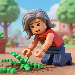 a pixar 3 d character, a beautiful and mad canadian woman, on her knees, pulling weeds out frantically, some grey hair, stripey pants, octane render, 8 k, lego movie,