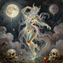 concept art of translucent glowing curvy demon dancing booty, renaissance, flowy, melting, round moons, rich clouds, very detailed, volumetric light, mist, fine art, textured oil over canvas, epic fantasy art, very colorful, ornate intricate scales, skulls, fractal gems, 8 k, hyper realistic, high contrast, yuji moriguchi