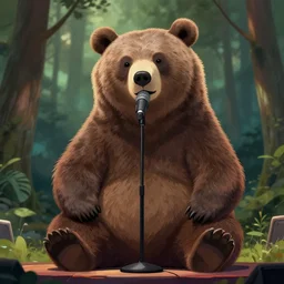 a giant anthropomorphic bear singing on a stage in a forest, digital art, detailed face, highly detailed, calm, deviantart, art by greg rutkowski, artstation, natural lighting, dramatic