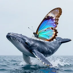 photomanipulation of a whale that has tiny butterfly wing, the wing is inspired by hologram butterflies, fully detailed, 4 k, real footage