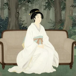 landscape shot of a highly detailed queen sitting by herself on a sofa in a forest wearing a white robe drawn in classical Japanese style, elegant, beauty,
