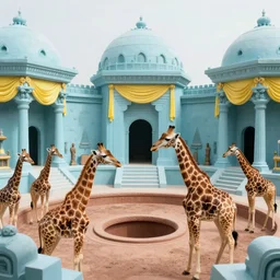pov in a crowd of girafe in ancient neoclassical buildings, light blue troglodyte temples with yellow drapery in a deep flesh pit by piranesi, cinestill 8 0 0 t 3 5 mm, high quality, mud, rain, by night, ultra wide lens, anamorphic, dramatic light