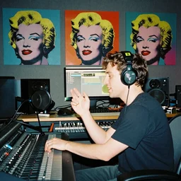 music producer artist in his studio recording songs with all his passion, 3 5 mm film photograph, artistic vibes, andy warhol style pop art colorful psychedelic