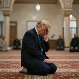 Trump praying in mosque, award winning cinematic photography, 50 mm, blurred background, trending on Shutterstock