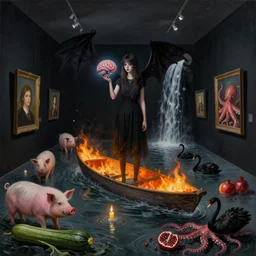 painting of a flooded art gallery at night, a tall emo girl holding an electrical brain, nightmare, incubus, a burning canoe, candles, art gallery interior with black walls, pigs, courgette, waterfall, pomegranates, octopus, zen, liminal space, black swans, berries, surrealist, by magritte and monet