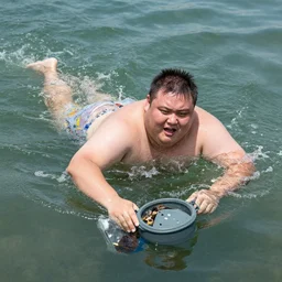 a wildly fat man swimming in a garbage can
