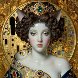 face centered portrait, artwork by james jean, hyperdetailed realistic smooth polished porcelain, beautiful queen of cats, jean delville, art nouveau, gustav klimt, ornate metal gothic icon with heavy patina, james jean, ultrasharp hyperdetailed photorealistic octane render