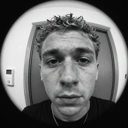 close up photo of tyler the creator staring at me through my camera, fish eye lens, b&w, doorbell cam footage
