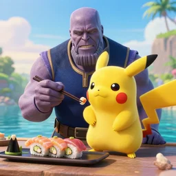 a very high resolution image from a new movie. thanos eating sushi with pikachu on a lake, photorealistic, photography, directed by wes anderson