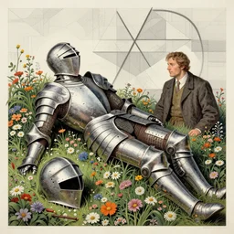 renaissance broken armor and helmet laying in wild flowers, monumental illustration by jean giraud and moebius and edward hopper, illusion surreal art, highly conceptual figurative art, intricate detailed illustration, controversial poster art, polish poster art 1 9 8 0, geometrical drawings, no blur