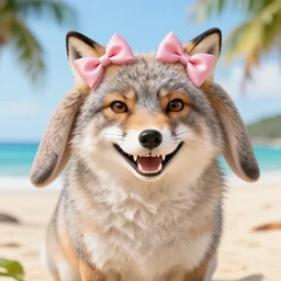a photorealistic adorable chubby charming but vicious fennic fox wolf rabbit hybrid, with long floppy rabbit ears, wearing bows on the top of its head, grinning at the camera with a mischievous look, sharp teeth, happy lighting, at a tropical beach