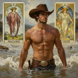 a dramatic, epic, ethereal painting of a handsome brown shirtless cowboy | background is a torrential flooding river | tarot!! card, art deco, art nouveau | by Mark Maggiori ((and Alphonse Mucha)) | trending on artstation