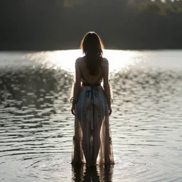 a woman, standing in a lake, backlit, wearing amazing clothes, backlit, photo by Marat Safin, Canon EOS R3, f/1.4, ISO 200, 1/160s, 8K, RAW, unedited, symmetrical balance, in-frame