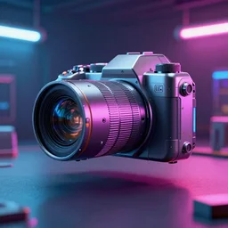high octane 4K 3D render of a smooth simple high-tech cyberpunk camera futuristic sci-fi robot, neon lights, metallic, in the style of Daniel Dociu, dramatic lighting, vibrant colors, Trending on Artstation HQ, 4K, UHD, High quality, Unreal Engine