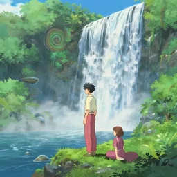 an epic makoto shinkai and renoir landscape with a waterfall, spirals, ultra smooth, octane render