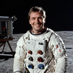a 1960s photo of Stanley Kubrick grinning on a movie set of the moon surface next to the eagle lander, 8K HD, old photo