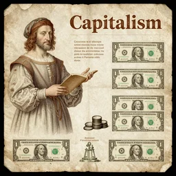 an infographic detailing the capitalism, in the style of leonardo da vinci, drawn on old weathered paper, doller bills, detailed, 8 k,