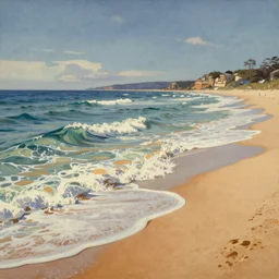 a digital painting of an australian beach, by simon stalenhag, waves, light and shadow, overlaid with aizome patterns, shin - hanga by thomas kinkade and bob ross, traditional japanese colors, superior quality, masterpiece, featured, trending, award winning, hdr, hd, uhd, 4 k, 8 k, anamorphic widescreen