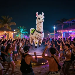 fortnite llama character floating in middle of circle of people dancing. night rave. goa. trance.