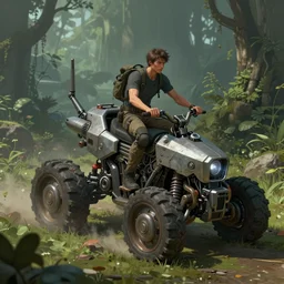a concept art illustration, a man riding a mechanical vehicle biome, fantasy undergrowth, style by dylan cole and feng zhu and wlop, unreal engine, trending in artstation, octane render